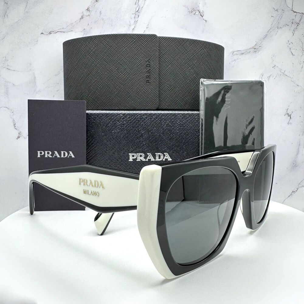 New Prada Sunglasses Womens Black White Symbole Logo Authentic Gold Logo Italy - Picture 1 of 16